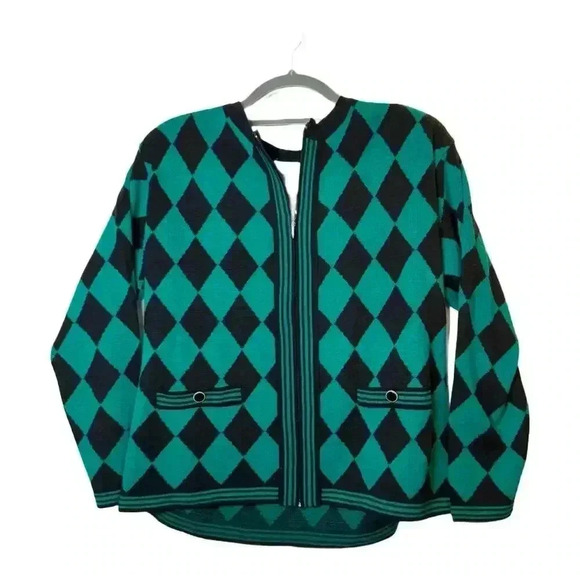 Adolfo Women's Argyle Cardigan Sweater Green Size M - Picture 1 of 8